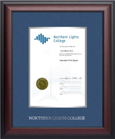 Satin mahogany diploma frame with double mat board and silver foil stamp with "NORTHERN LIGHTS COLLEGE" GOUDY 24P. (#120910-12x15-volc/ss-fs)